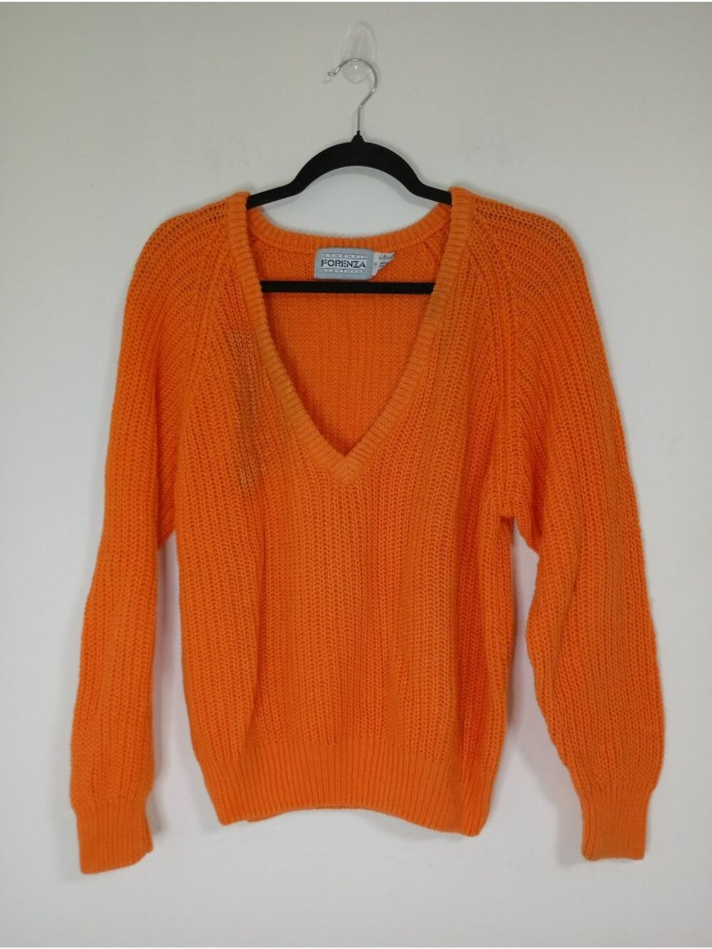 Vintage Forenza Orange Knit V-Neck Sweater Womens S 55% Ramie 45% Cotton